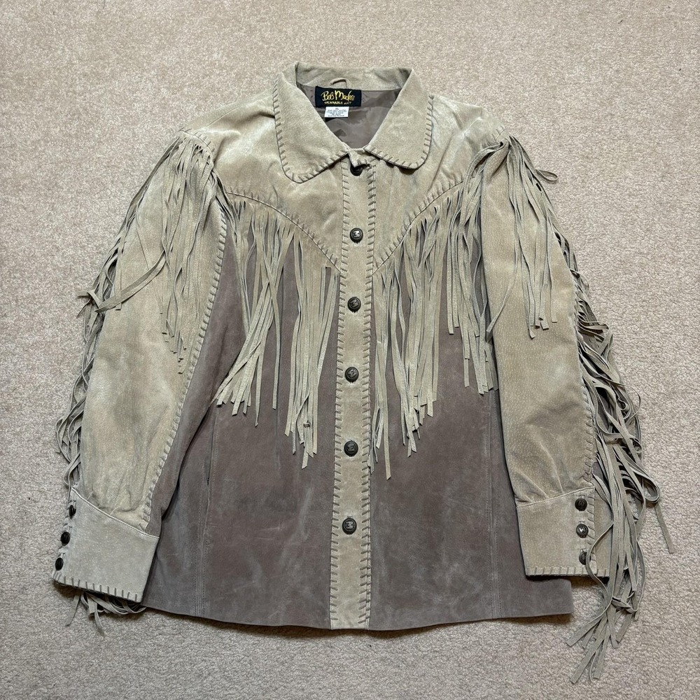 Vtg Bob Mackie Leather Jacket Womens XL Gray Suede Fringe Western Button Front